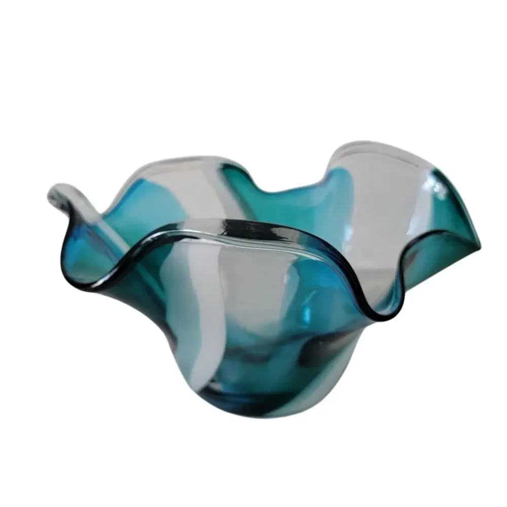 Hand Blown Glass Vase Bowl Turquoise White Clear Handkerchief Flair Home Decor